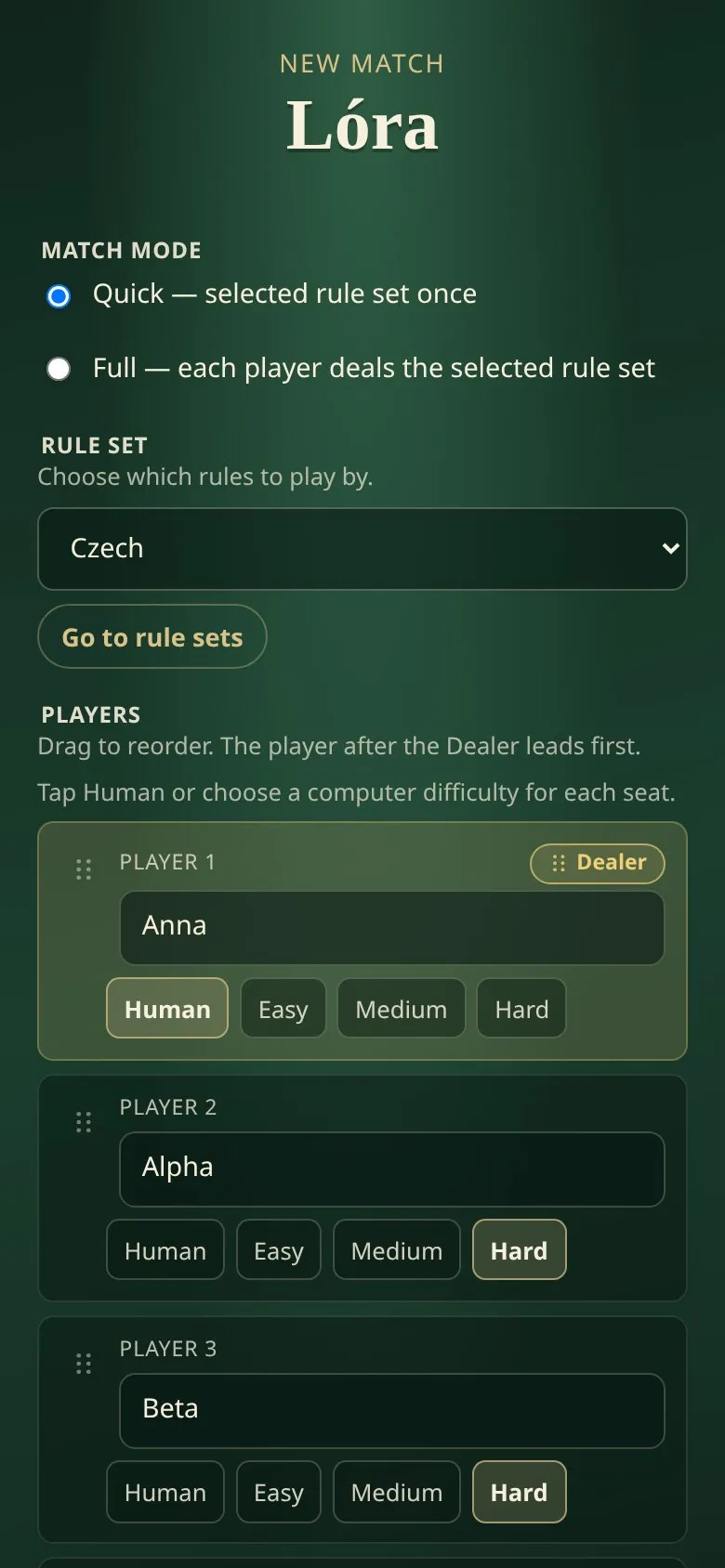 Lorum match setup on a phone
