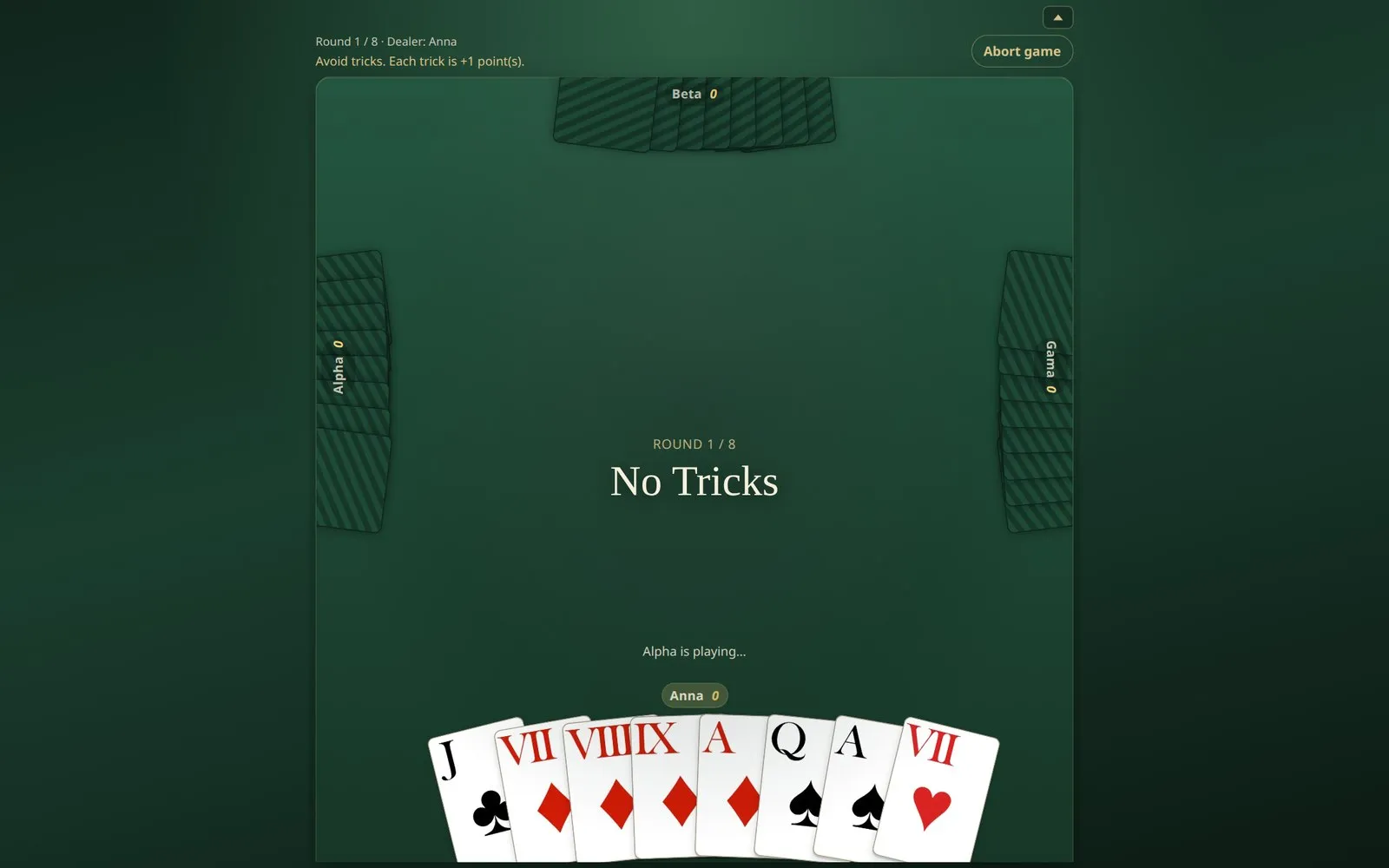 Lorum table during a No Tricks round, four players around a green felt